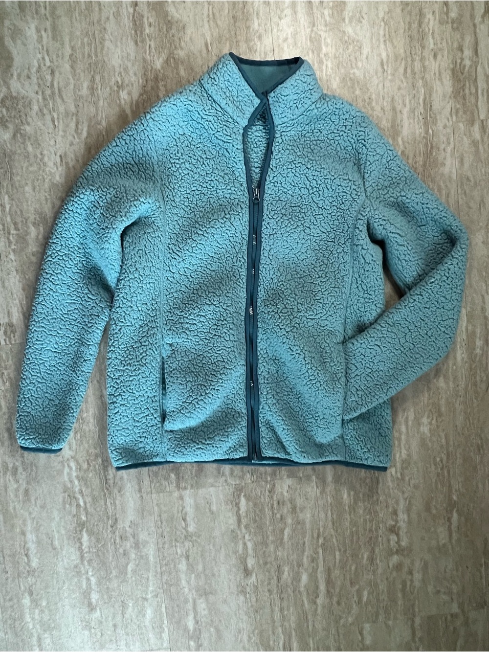 Lands' End Light Teal Blue Sherpa Fleece Jacket Full Zip & Zip Pocket Med 10-12